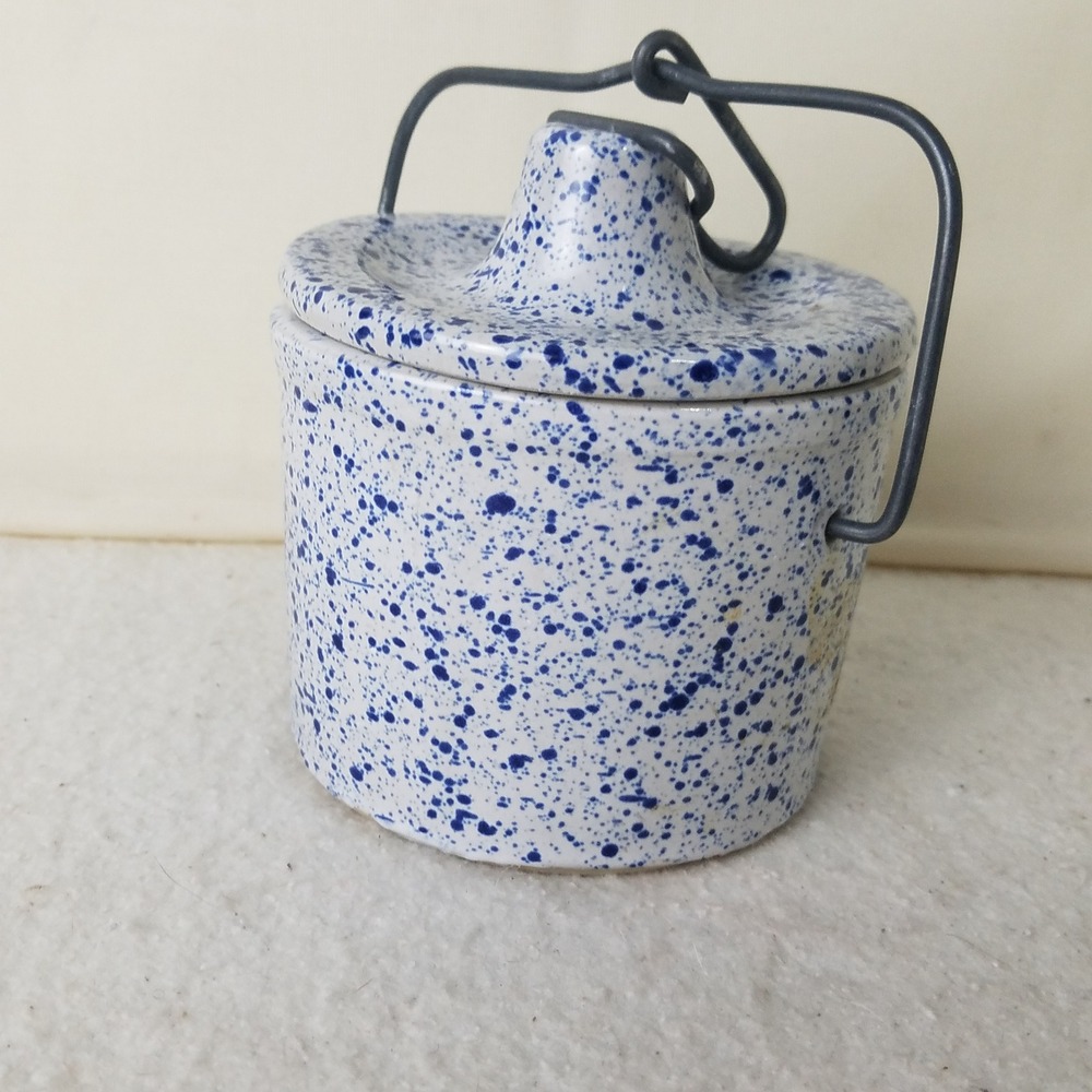 Stoneware Crock Small Blue Spatterware Lid‎ Wire Handle vintage Farmcore butter